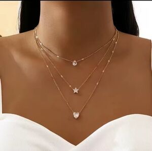 Necklace Women's Layered Rhinestone Heart Star Gold NEW f56